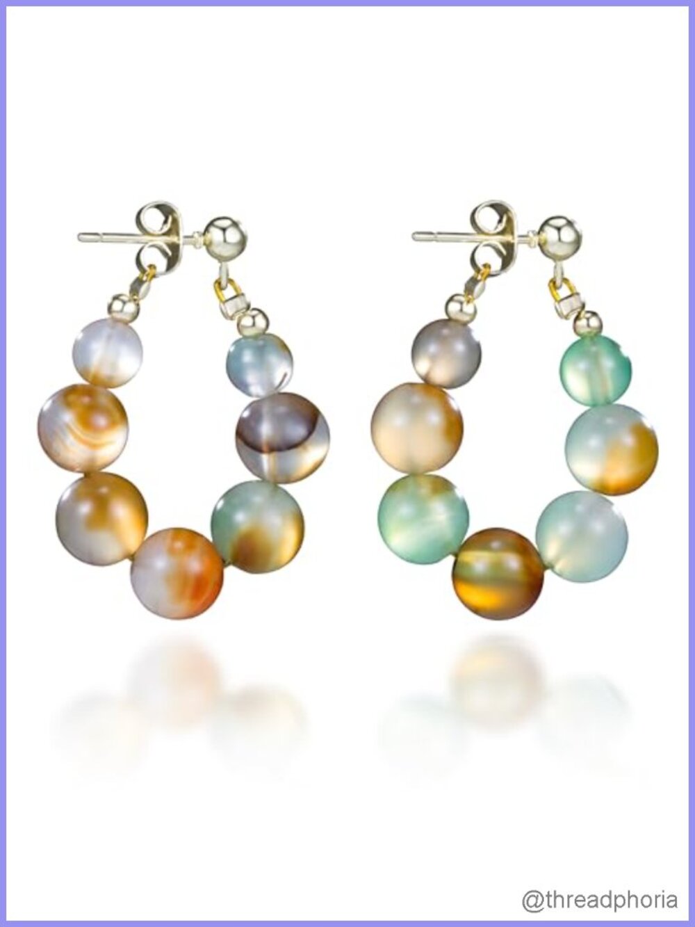 Agate Tiger Eye Beaded Hoop Earrings Gold Plated Hypoallergenic Natural Crystal